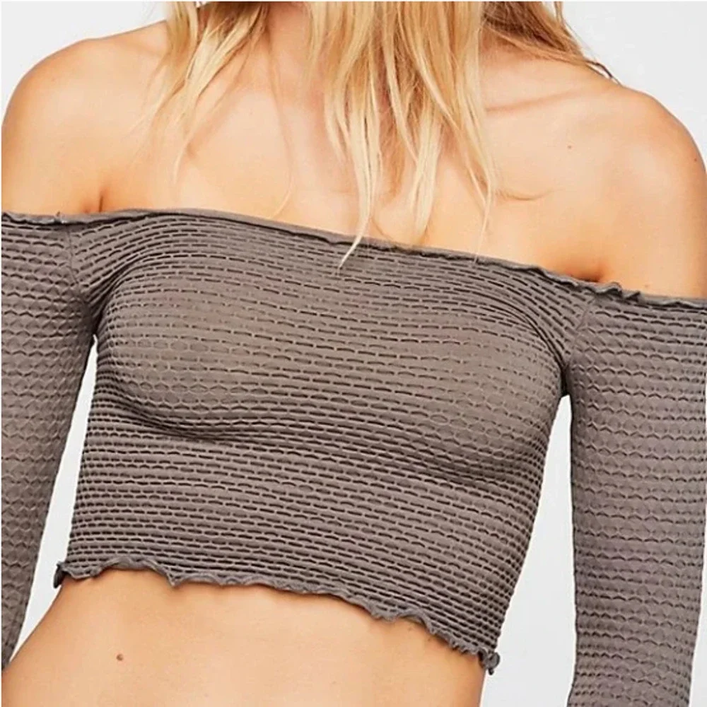 NEW Free People Intimate Seamless Textured Long Sleeve Crop Top in Cream